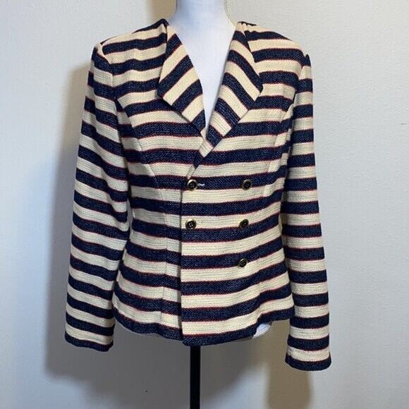 CAbi 5049 Jacket Womens 6 Cruise Nautical Striped Button Tweed Costal Preppy - Picture 1 of 9
